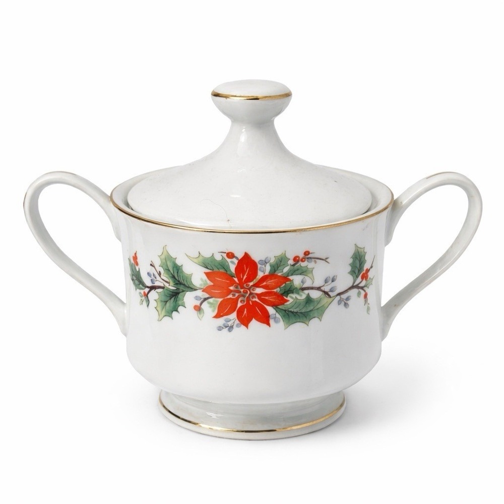 Trisa Fine China Christmas Poinsettia Lidded Sugar Bowl Holiday Gold Trim 1693